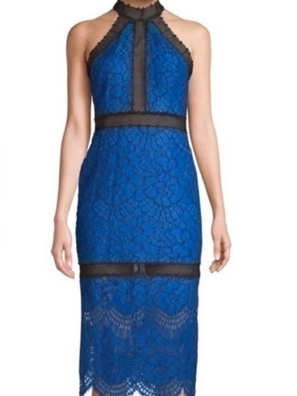 STUNNING $545 ALEXIS
JULIANNA BLUE BLACK LACE
HALTER BODYCON DRESS SZ LARGE